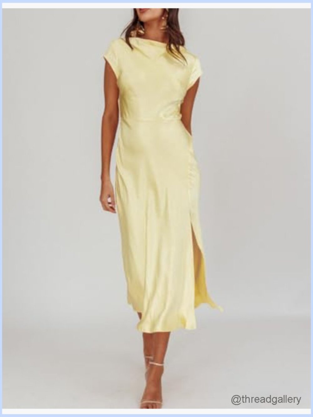 Satin Cowl Neck Backless Twist Cap Sleeve Midi Dress Side Slit - Picture 3 of 7